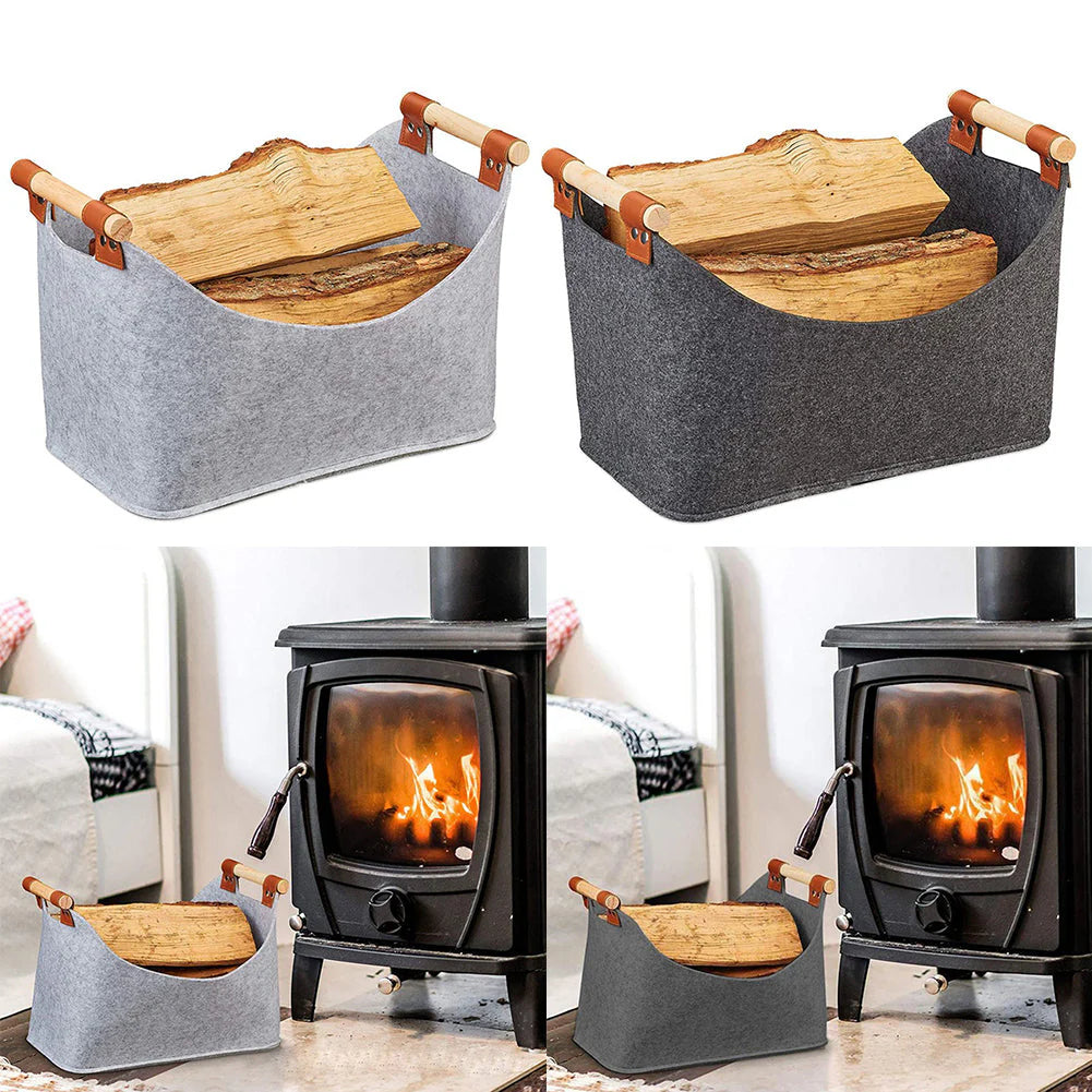 Firewood basket with wooden handle