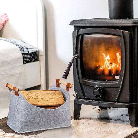 Firewood basket with wooden handle